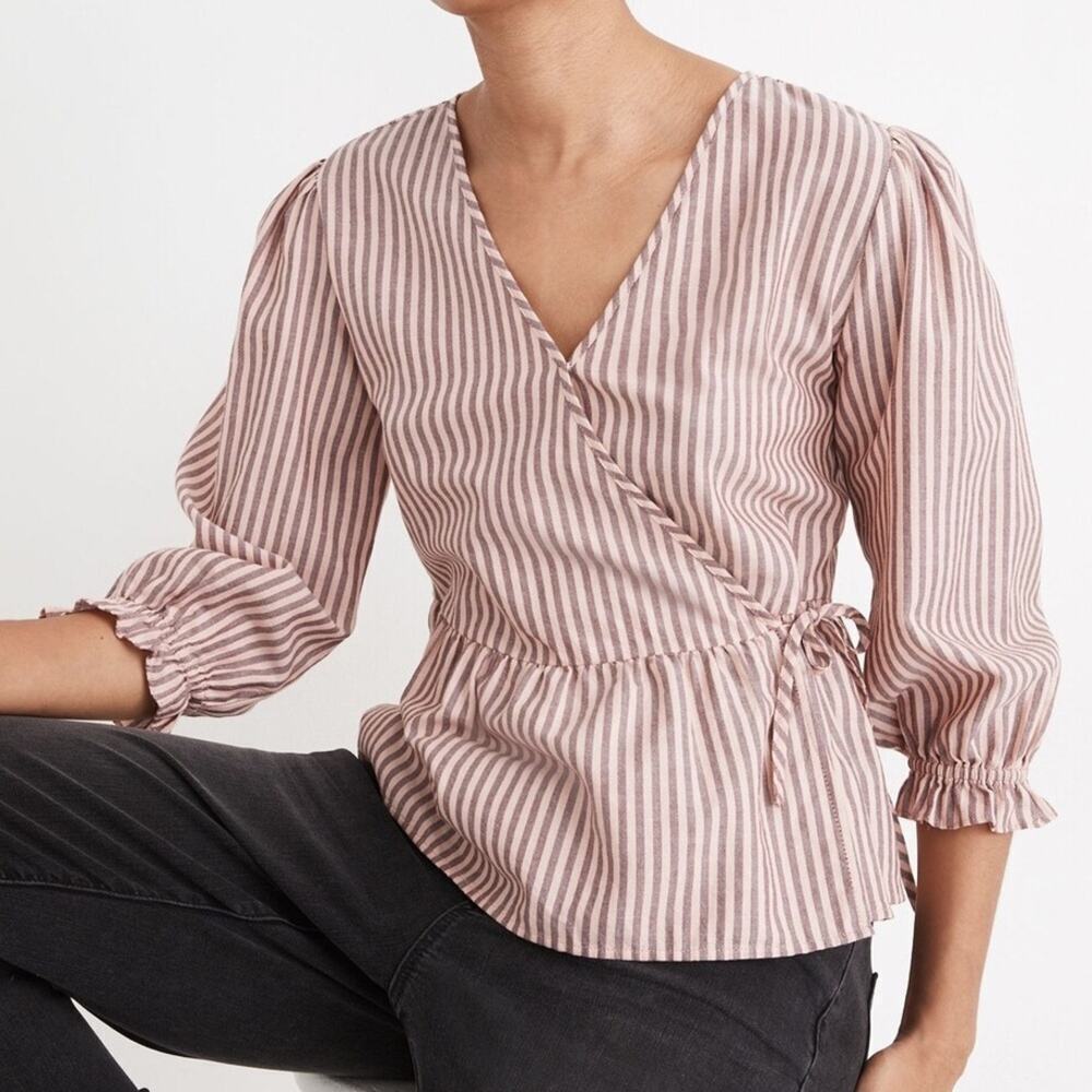 Madewell XS Puff-Sleeve Peplum striped Wrap Top